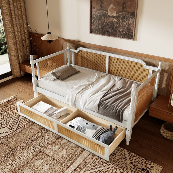 English Elm Traditional Rattan Headboard Twin Daybed Pine Frame with Under Bed Storage Drawers BS701P193261K