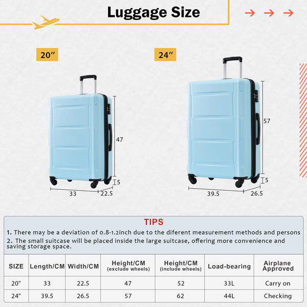 English Elm 2 Piece Abs Hard Shell Spinner Luggage Set with Tsa Lock Expandable Travel Suitcases Light Blue N732P198744N
