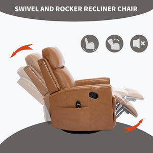 English Elm Orange Genuine Leather Massage Rocking Swivel Recliner with Lumbar Heat for Living Room W1803P323715