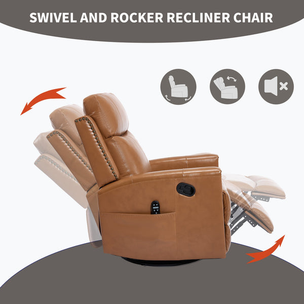 English Elm Orange Genuine Leather Massage Rocking Swivel Recliner with Lumbar Heat for Living Room W1803P323715