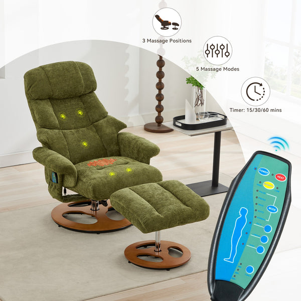 English Elm 069-ergonomic Swivel Recliner with Ottoman Chenille Wingback Massage Lounge Chair Green W527P439689