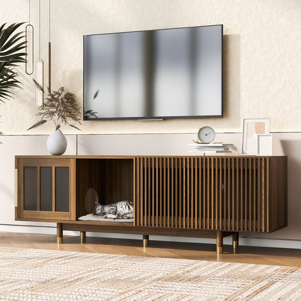 English Elm Mid-Century 74" Walnut TV Stand with Cat Litter House, Sliding Glass Doors, Sisal Scratcher, Sturdy Legs N843P251412W