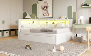 English Elm Upholstered Full Platform Bed with Trundle, Built-In USB Ports & LED Accent, Linen Upholstery White DL001925AAK