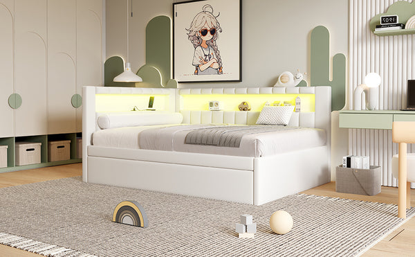 English Elm Upholstered Full Platform Bed with Trundle, Built-In USB Ports & LED Accent, Linen Upholstery White DL001925AAK