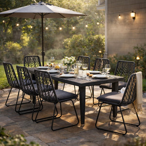 English Elm 9 Piece Outdoor Wicker Dining Set Seats 8 with Iron Frame Pe Rattan Patio Table N762S000023AAE