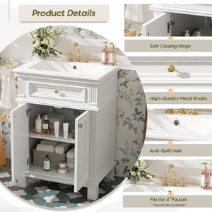 English Elm 24'' Carved Farmhouse Bathroom Vanity with Ceramic Sink Soft Close Storage Cabinet White N710P446530K