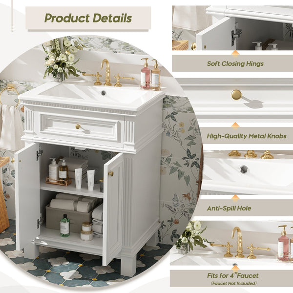 English Elm 24'' Carved Farmhouse Bathroom Vanity with Ceramic Sink Soft Close Storage Cabinet White N710P446530K