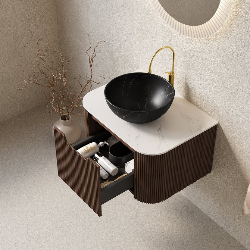 English Elm Dina Floating Bathroom Vanity with Sintered Stone Top and Crystal Glass Basin Black,Carrara White,Dark Walnut W2615S00425