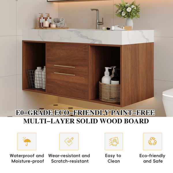 English Elm 39.4 Inch Floating Bathroom Vanity Sintered Stone Top Solid Wood 2 Soft Close Drawers W3136S00034