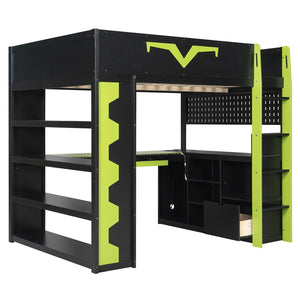 English Elm Full Size Gaming Loft Bed with Desk Rgb Lighting Power Outlet and Storage Drawer Green LT000285AAF