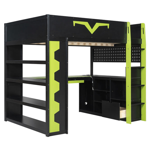 English Elm Full Size Gaming Loft Bed with Desk Rgb Lighting Power Outlet and Storage Drawer Green LT000285AAF