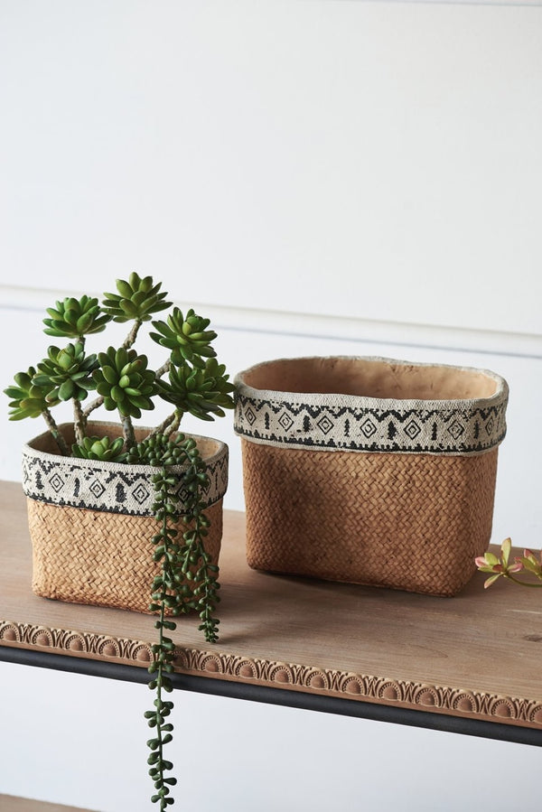 English Elm Set Of 2 Rectangular Basket Planters With Geometric Trim - Rustic Style For Indoor & Outdoor Decor W2078P322886-GIGA