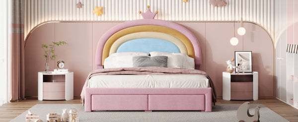 English Elm Full Velvet Rainbow Platform Bed with Storage Drawer, Pink Upholstered Princess Frame, No Box Spring Needed N733P234609H