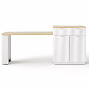 English Elm K&K Fluted Kitchen Island with Extendable Dining Table, Art Deco Mid-Century Design, Built-In Power Hub, Gold Handle White N707S000018W