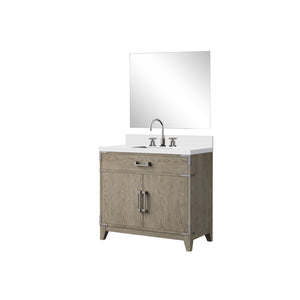 English Elm Grey Oak Single Bath Vanity with White Quartz Top, Chrome Faucet & 34" Mirror — Durable Wood Finish B2731S02012