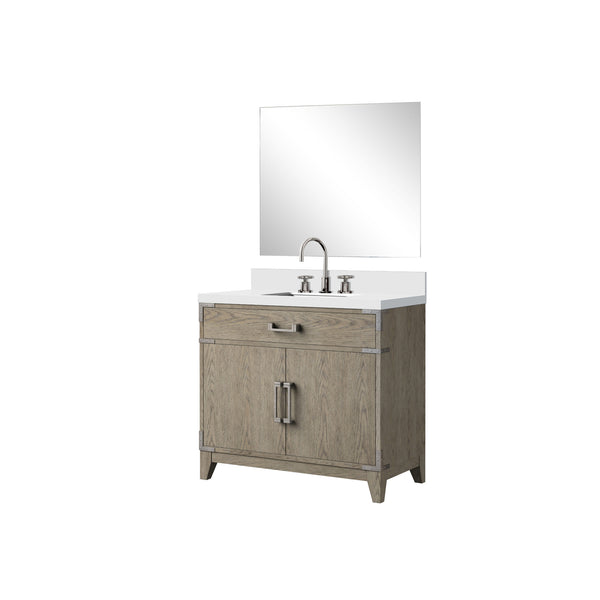 English Elm Grey Oak Single Bath Vanity with White Quartz Top, Chrome Faucet & 34" Mirror — Durable Wood Finish B2731S02012