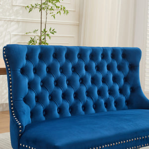 English Elm Velvet Wingback Dining Bench Tufted Two Seat Mid Century Modern Brushed Steel Base Blue W1143P406981