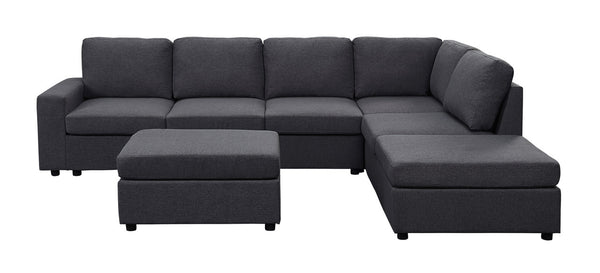 English Elm Cassiana Seven Seat Linen Modular Sectional with Ottoman for Open Living Spaces Dark Gray B2749S00047