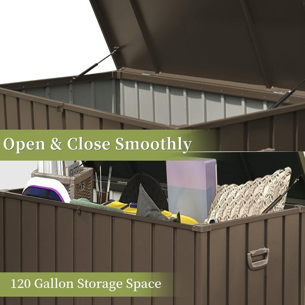 English Elm 120 Gallon Outdoor Storage Deck Box with Wheels & Pistons, Waterproof Galvanized Steel, Lockable Patio Bin W1859P168270