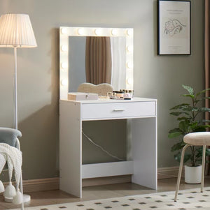 English Elm Vanity Elegant dressing table with LED mirror lights, large drawer, adjustable brightness & storage White W2386P216215