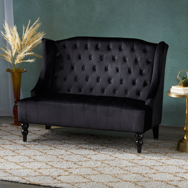 English Elm Christopher Knight Home® - LOVESEAT wingback velvet button-tufted diamond stitch loveseat with plush comfort and durable sheen Black 61186.00NVLTBLK