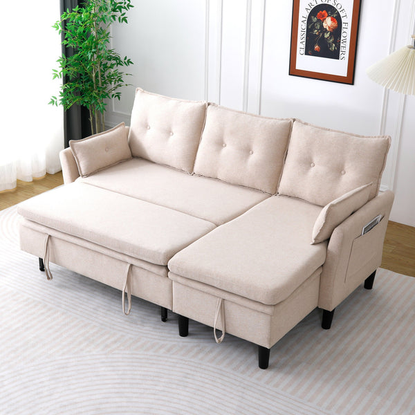 English Elm L-Shaped Reversible Chaise Sectional Sofa with Storage and Fold-Out Bed Cotton-Linen Modern Design Beige W3371S00024