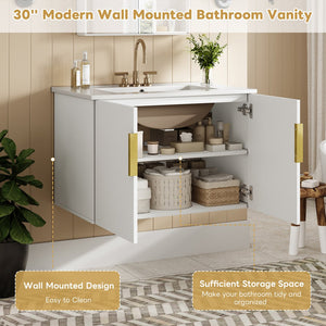 English Elm 30" Vintage Bathroom Vanity with Ceramic Sink — Wall-Mount MDF & Solid Wood Cabinet, Storage, Sleek Finish White N710P214100K