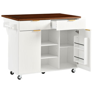 English Elm K&k Fluted Rolling Kitchen Island Faux Marble Top Power Outlet Drop Leaf Storage White N707S000019W
