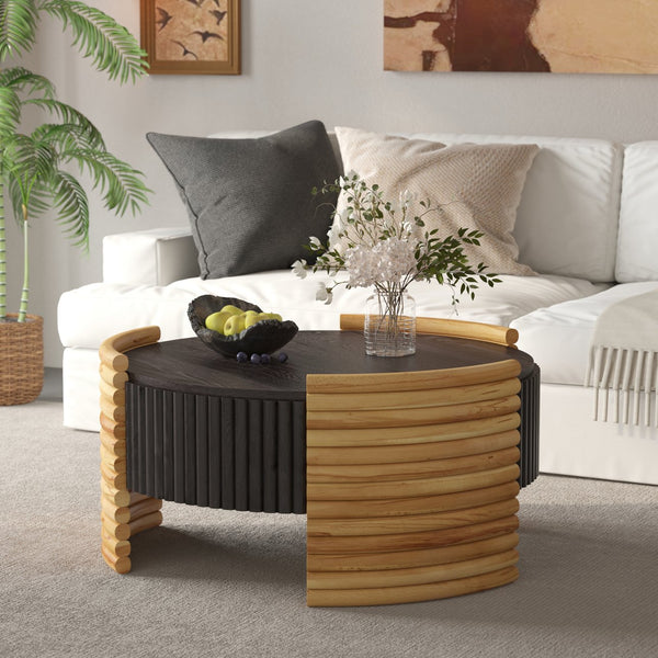 English Elm 31.50" Round Flip-top Storage Coffee Table Fluted Mdf Base for Modern Living Rooms Dark Brown W757P383549