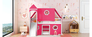 English Elm Full Size Kids Castle Loft Bed with Slide Tent Tower Pinewood Play Zone LT000772AAH-2