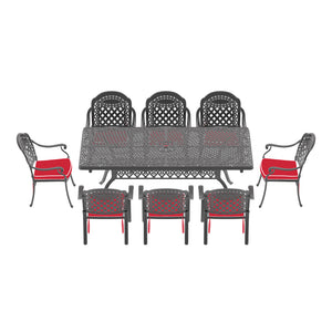 English Elm 9-Piece Cast Aluminum Patio Furniture Set With Bold Red Cushions For Stylish Outdoor Dining & Relaxation W1710S00172