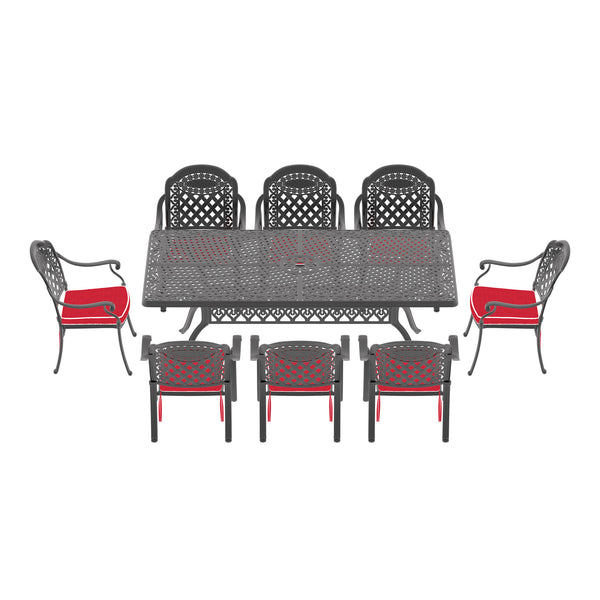 English Elm 9-Piece Cast Aluminum Patio Furniture Set With Bold Red Cushions For Stylish Outdoor Dining & Relaxation W1710S00172