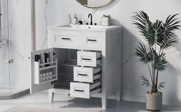 English Elm 30" Modern Bathroom Vanity with Sink Combo — Solid Rubberwood & MDF, 3 Drawers, Freestanding Contemporary Design White N725P246482K