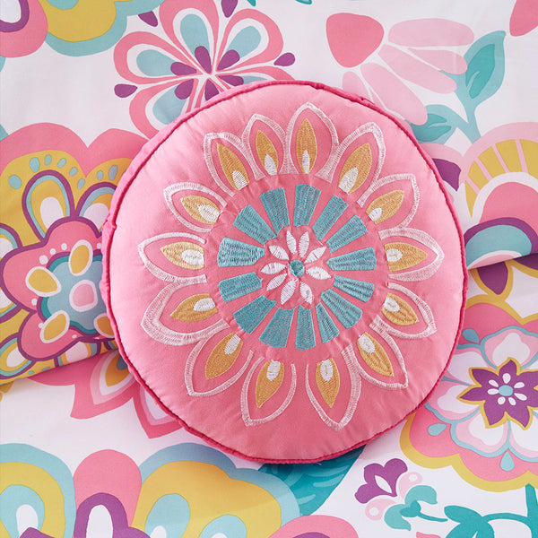 JLA Home Mi Zone - Floral Camille comforter set with vibrant medallion print, reversible pink back, embroidered round pillow, antimicrobial, machine washable 90 L x 86 W x 1H MZ10-0561