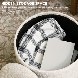 English Elm HOMCOM Round Storage Ottoman Stool with Cushioned Linen Top, Oak Legs, Hidden Interior for Clutter-Free Living Room Seating Cream White W2225P173824