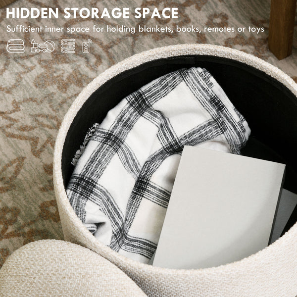 English Elm HOMCOM Round Storage Ottoman Stool with Cushioned Linen Top, Oak Legs, Hidden Interior for Clutter-Free Living Room Seating Cream White W2225P173824