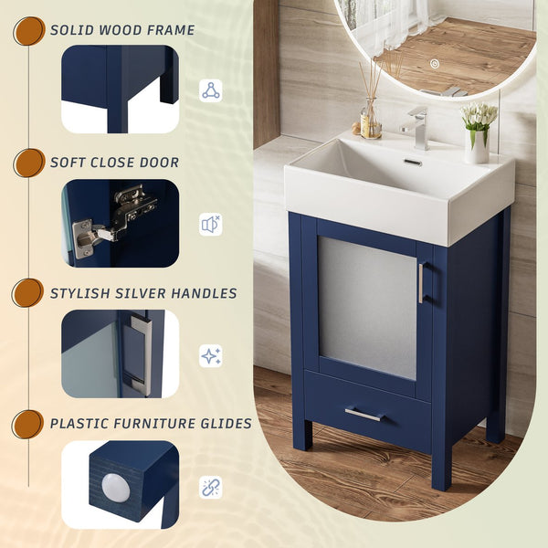 English Elm 20-Inch modern bathroom vanity with ceramic sink, soft-close door and ample storage for small spaces Blue WF324691AAC