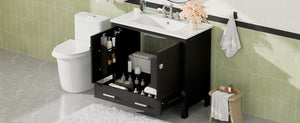 English Elm 36" Black Bathroom Vanity with Ceramic Sink, Soft-Close Doors, Divided Drawer & Double Shelves — Modern Storage Solution for Small to Medium Baths N729P276609B