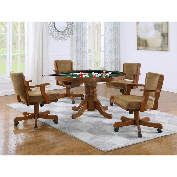 English Elm Florenz Carved Pedestal Game Table Set with Amber Wood Finish and Olive-Brown Padded Caster Chairs B062S00810