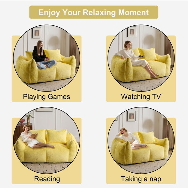 English Elm Giant Ultra Soft Fluffy Loveseat Bean Bag Sofa for Adults, Oversized Shredded Foam Couch with Pillows Yellow W3723P353896