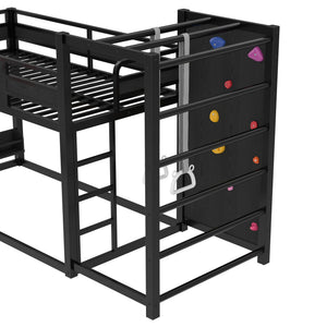 English Elm Twin Metal Loft Bed with Slide Basketball Hoop Climbing Wall and Built-in Shelves Black W1580S00342