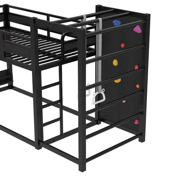 English Elm Twin Metal Loft Bed with Slide Basketball Hoop Climbing Wall and Built-in Shelves Black W1580S00342