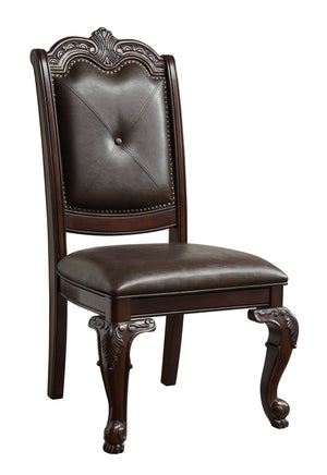 English Elm 2pc Traditional Dining Side Chairs with Carved Frames, Tufted Faux Leather Seats, Rich Dark Brown Finish B2741P372235