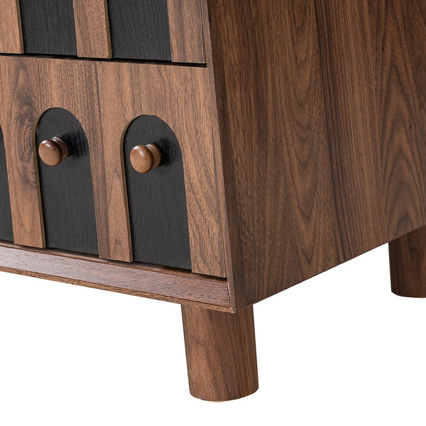 English Elm 26" Mid-century Nightstand with Charging Station Mirrored Drawers and Wood Legs W3417P388714