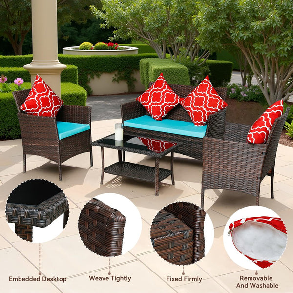 English Elm Four-Piece Outdoor Rattan Sofa Set With Emerald Green Cushions & Stylish Glass Table For Patios W3152P269438