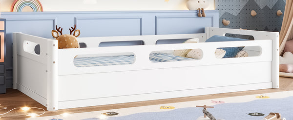 English Elm Twin Low Profile Floor Bed with Guardrails Pine Wood Frame Minimalist Bedroom White W1580P438763