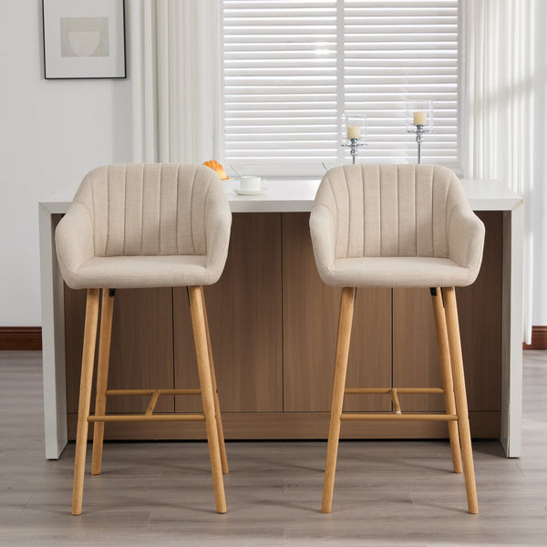English Elm Modern Linen Upholstered Barstools with Oak Legs Armrests and Footrest for Kitchen Islands Beige W395P396313