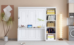 English Elm Full Murphy Bed with Storage Cabinets and Shelves, Space-Saving Wooden Wall Bed with 600lb Capacity White N7090004015K