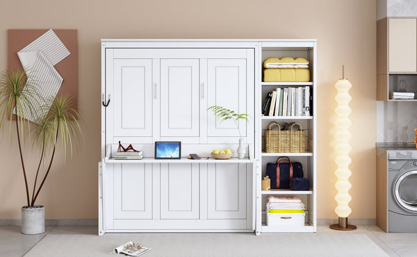 English Elm Full Murphy Bed with Storage Cabinets and Shelves, Space-Saving Wooden Wall Bed with 600lb Capacity White N7090004015K