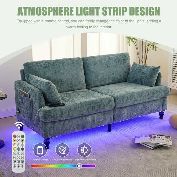 English Elm Modern chenille 2-seater sofa with LED, USB charging, storage pocket, solid wood legs, durable comfort Lake Blue W395P318545